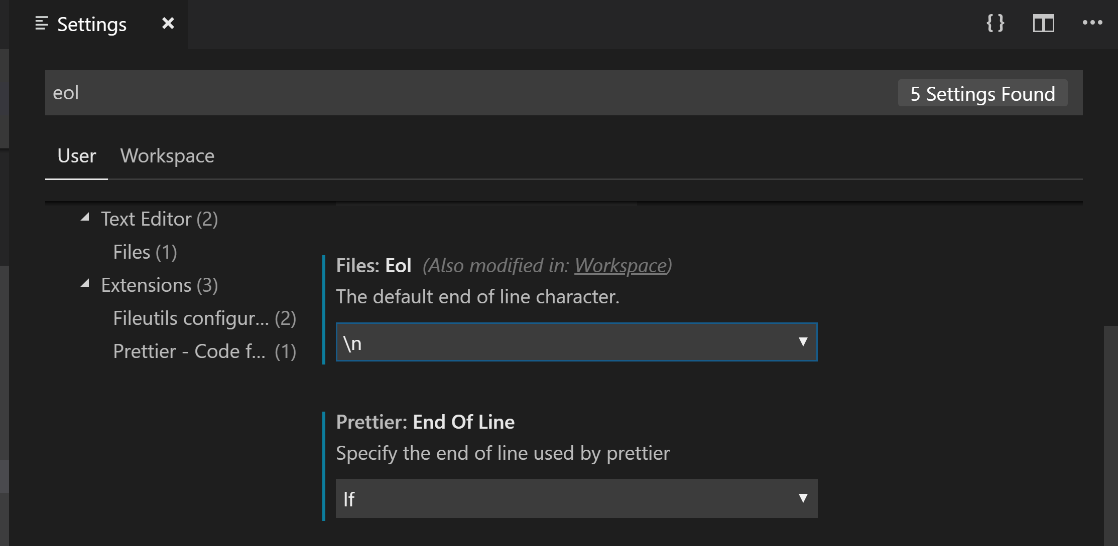 VS Code End of line settings